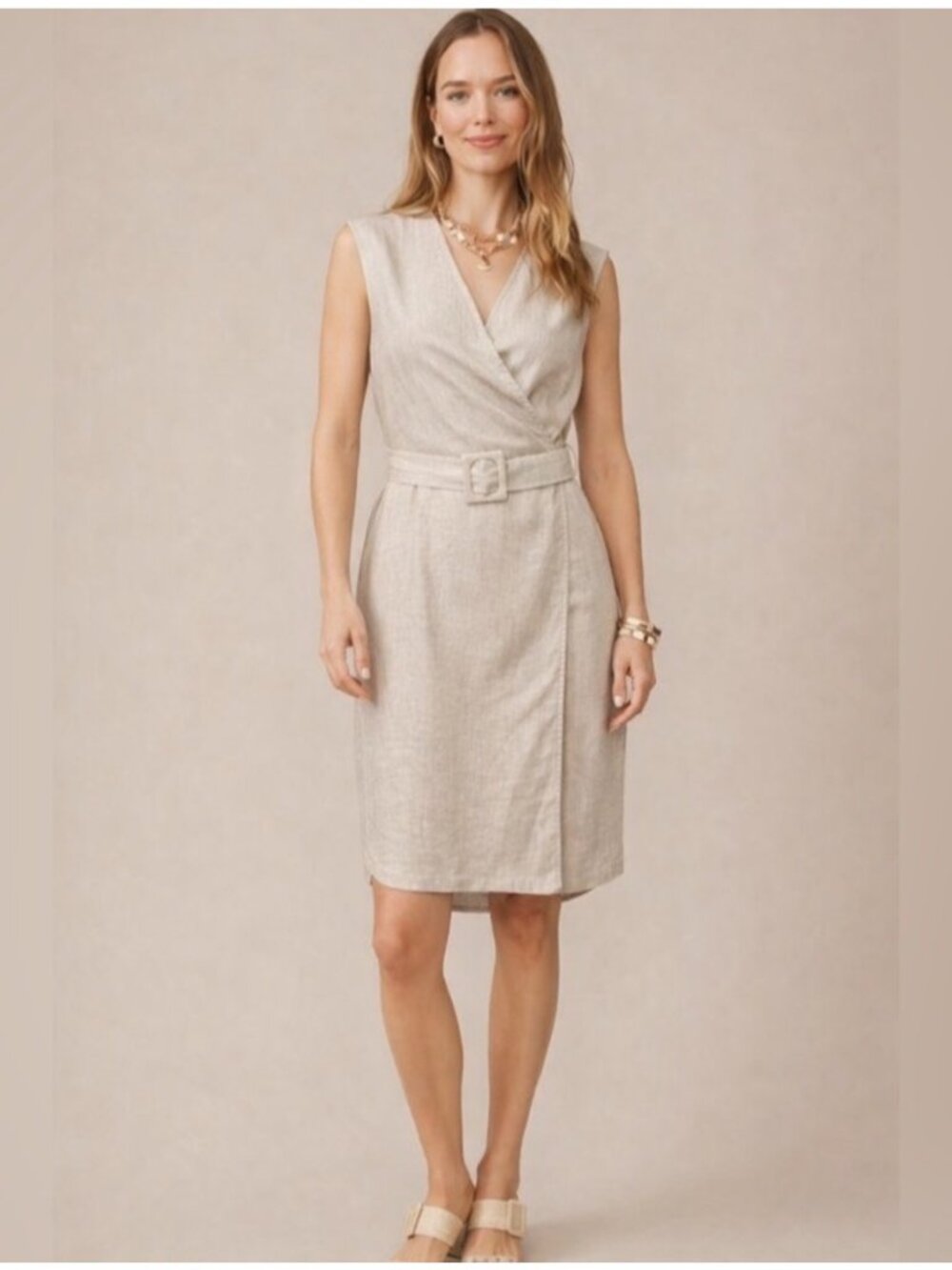 NEW $248 J. McLaughlin Winifred Linen Sleeveless Belted Mini Dress Large Sand